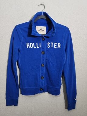 Hollister Royal Blue Button Up Logo Jacket Spell Out Y2K Applique Fleece